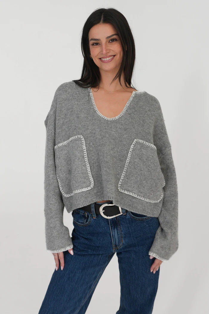 Damen lässiger Pullover mit strukturiertem Design und praktischen großen Taschen Drune