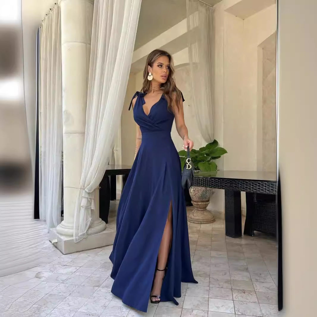 Damen Elegantes Abendkleid mit tiefem V-Ausschnitt und hohem Schlitz Drune