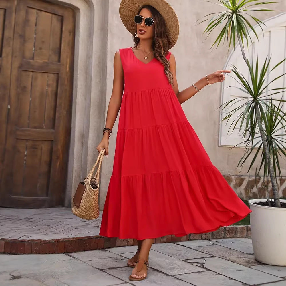 Damen Elegantes Sommer-Maxi-Kleid mit voluminösem Rock und V-Ausschnitt Drune