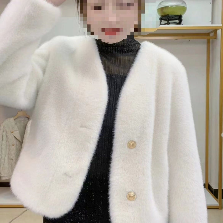Damen Flauschige Kurzjacke mit edlen Knöpfen Drune