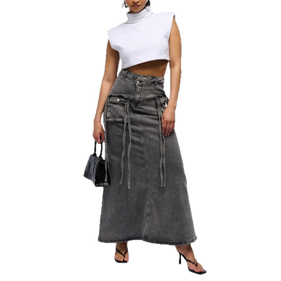 Damen Langer Denim-Rock mit hochgezoggtem Bund und praktischen Taschen Drune