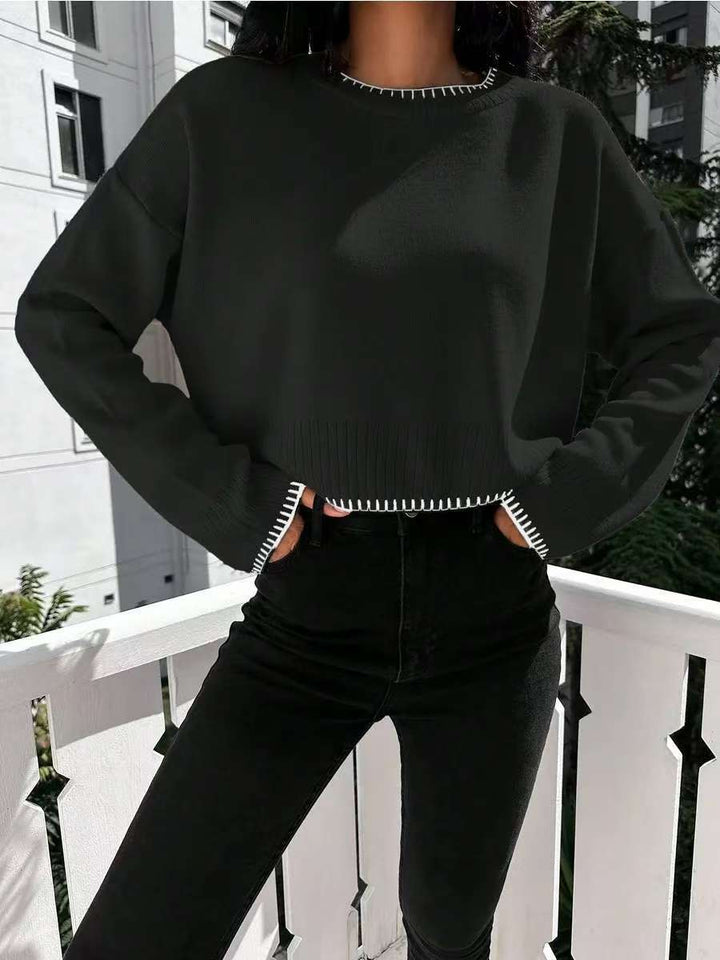 Damen cropped Strickpullover mit breitem Bund und dekorativem Detail Drune