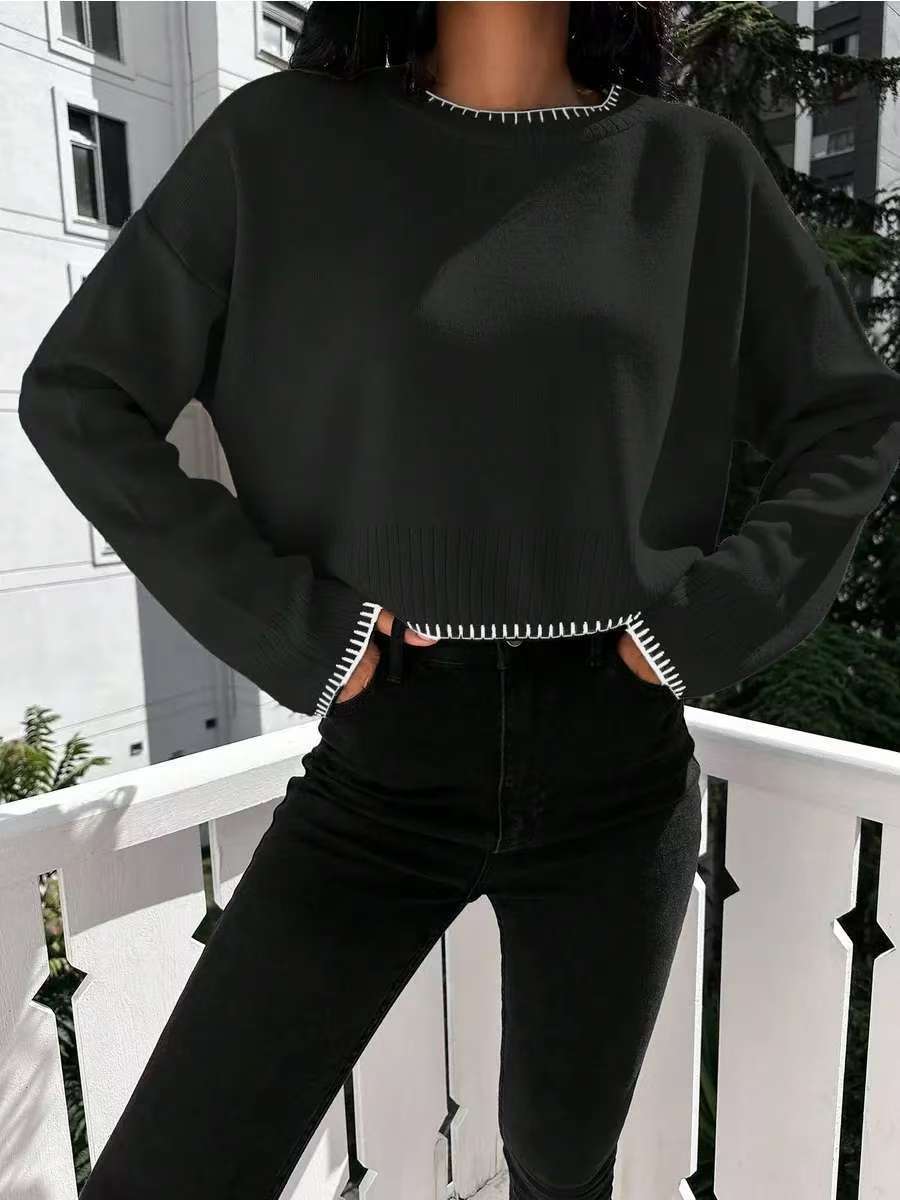 Damen lässiger Cropped Pullover mit feiner Rippstruktur und elastischem Bund Drune