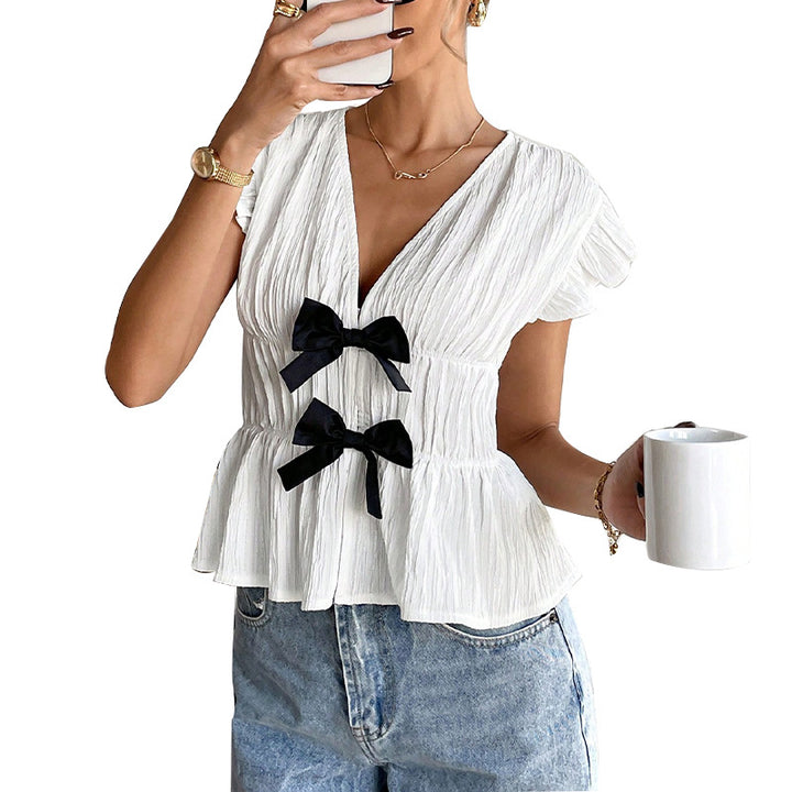 Damen Volantbluse mit dekorativen Schleifen Drune