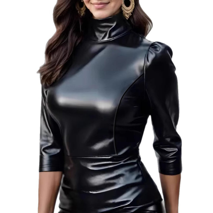 Damen Elegantes Oberteil aus hochwertigem Kunstleder mit hochgeschlossenem Kragen Drune