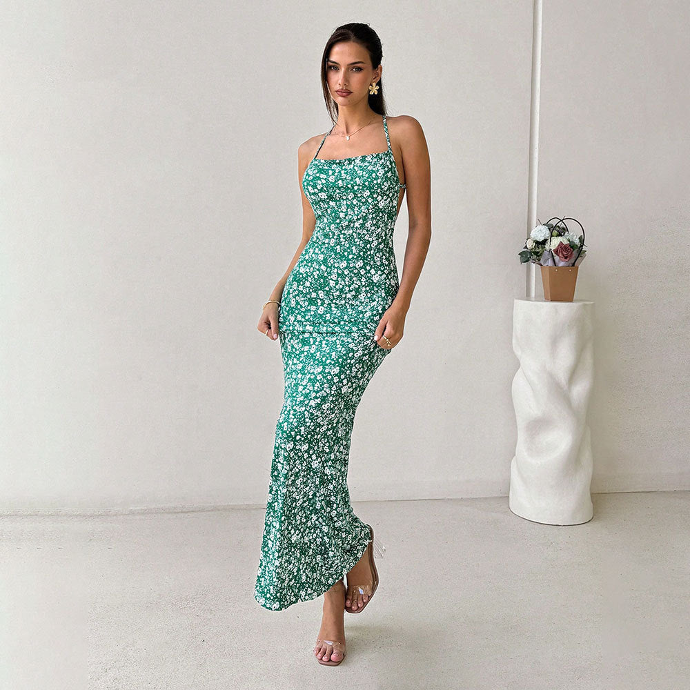 Damen Maxikleid mit verstellbaren Spaghettiträgern und floraler Druckdetail Drune