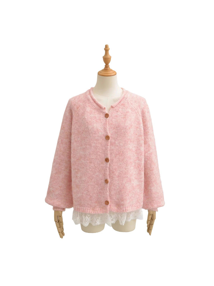 Damen Elegante Strickjacke mit Spitzenbesatz und Knopfdetails Drune
