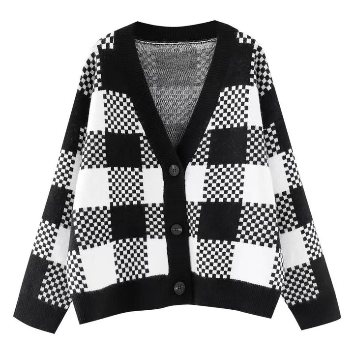 Damen Grobstrick Cardigan mit kontrastierendem Karomuster und Knopfdetails Drune
