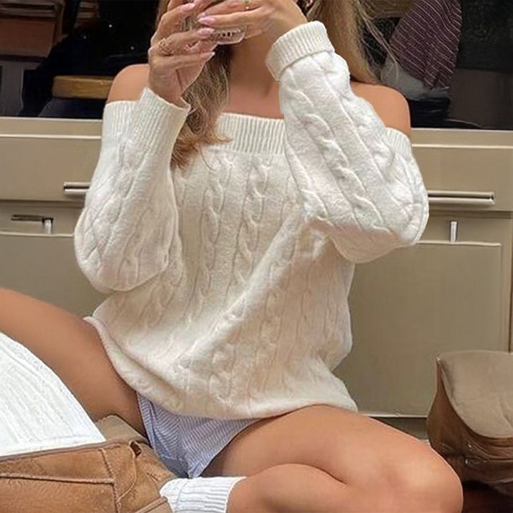 Damen nan oversized schulterfreier Zopfstrickpullover mit geripptem Ausschnitt und Ballonärmeln Drune