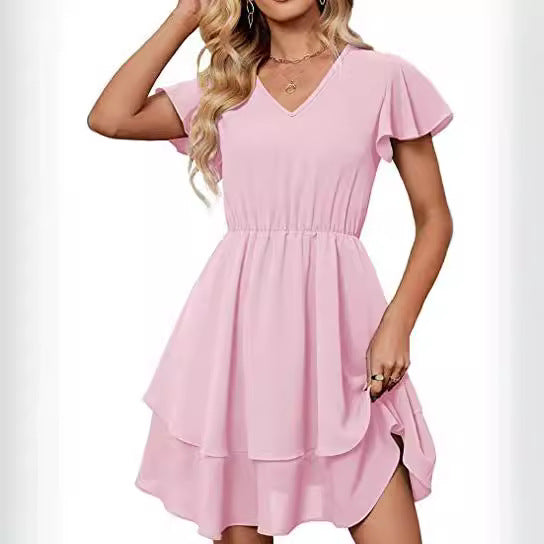 Damen Freizeitkleid mit fließendem Rock und Rüschenärmeln Drune