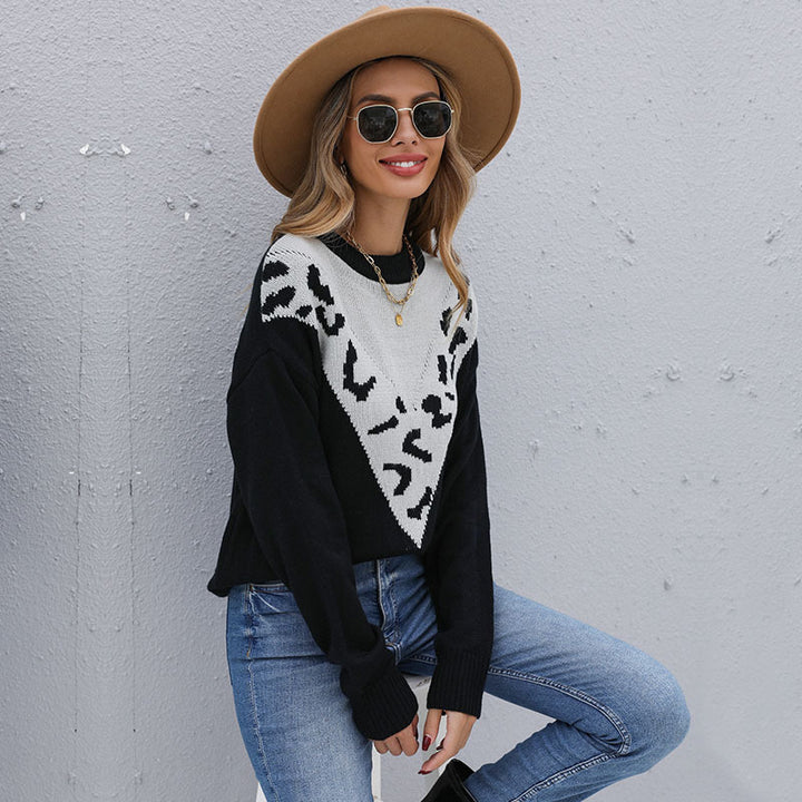 Damen lässiger Strickpullover mit kontrastierendem animalischem Muster Drune