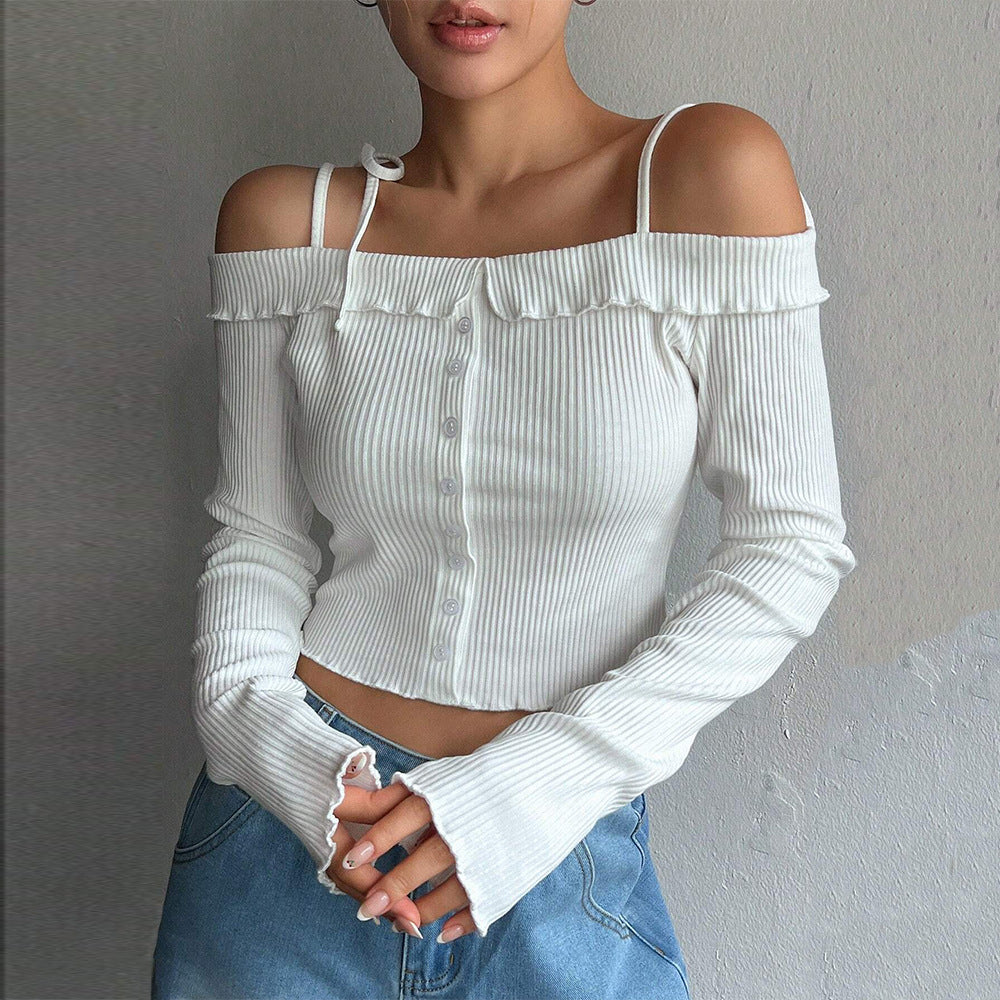 Damen cropped Oberteil mit Off-Shoulder Design und Rüschendetails Drune