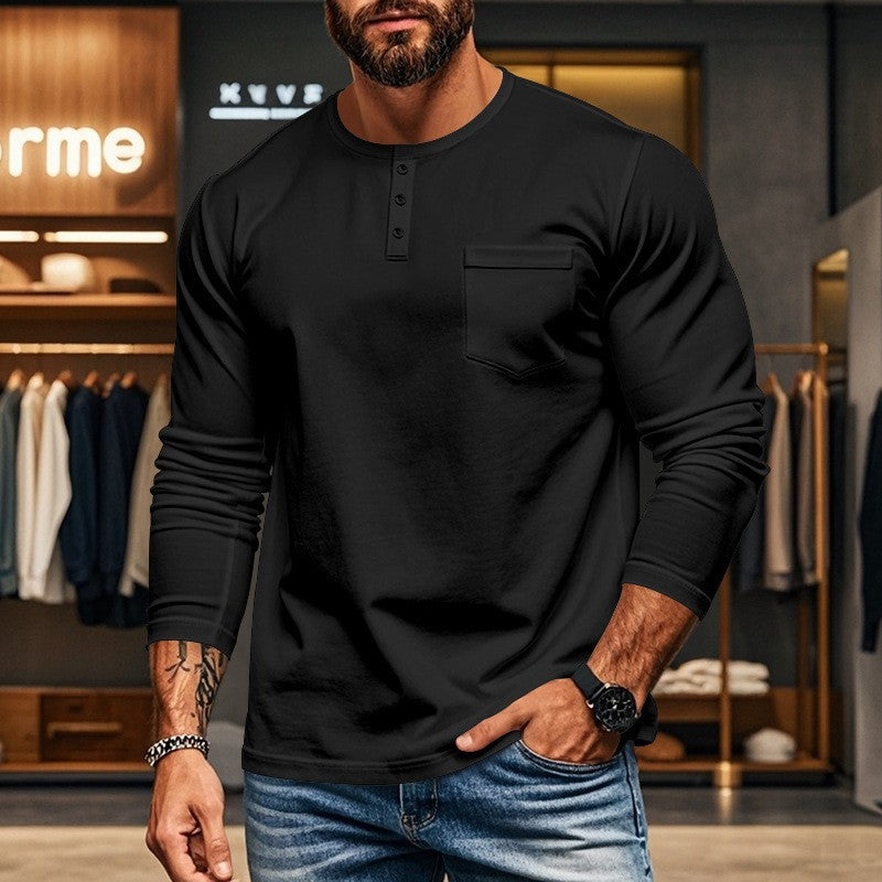 Herren nan figurbetontes Henley-Langarmshirt mit Brusttasche und feinem Stretchjersey Drune