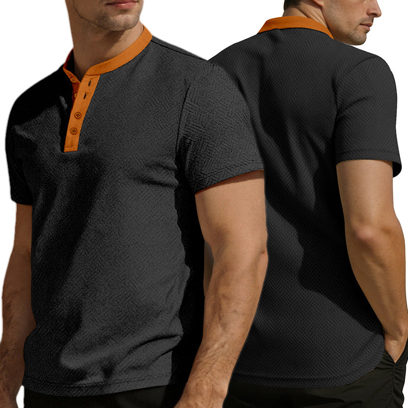 Herren nan schlankes Kurzarm-Henley-Poloshirt mit Mandarin-Kragen und feiner Jacquardstruktur Drune