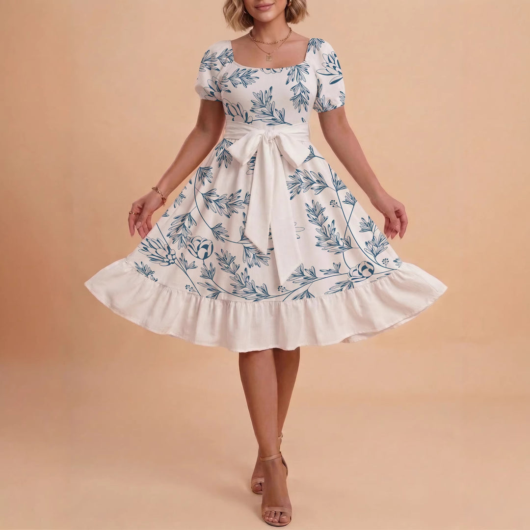 Damen Midi Kleid mit elegantem Blumendruck und tailliertem Gürtel Drune