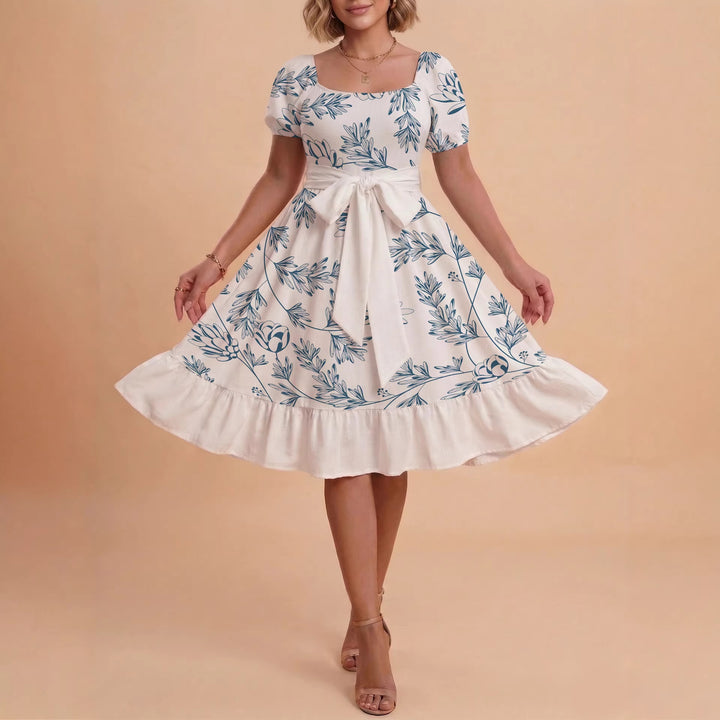 Damen Midi Kleid mit elegantem Blumendruck und tailliertem Gürtel Drune