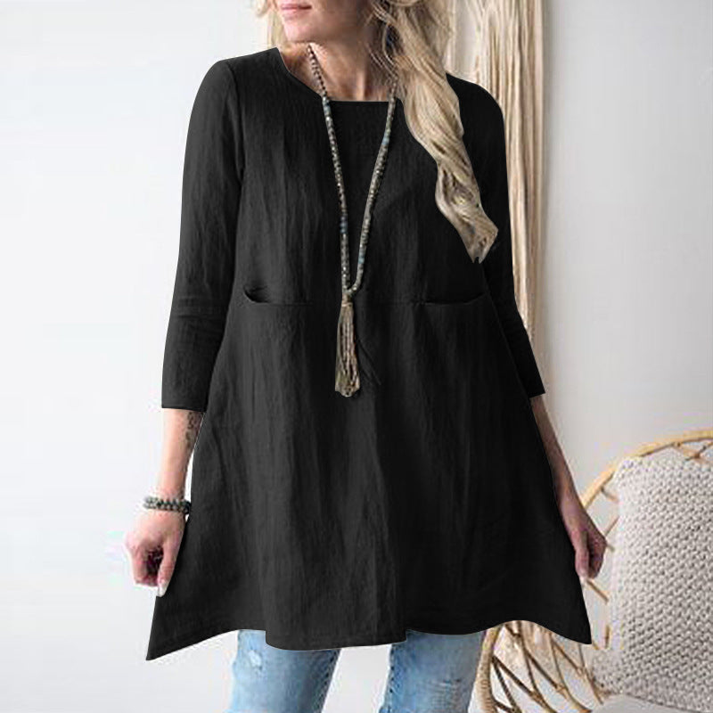 Damen lässiges Tunika-Shirt mit seitlichen Taschen und 3/4 Ärmeln Drune