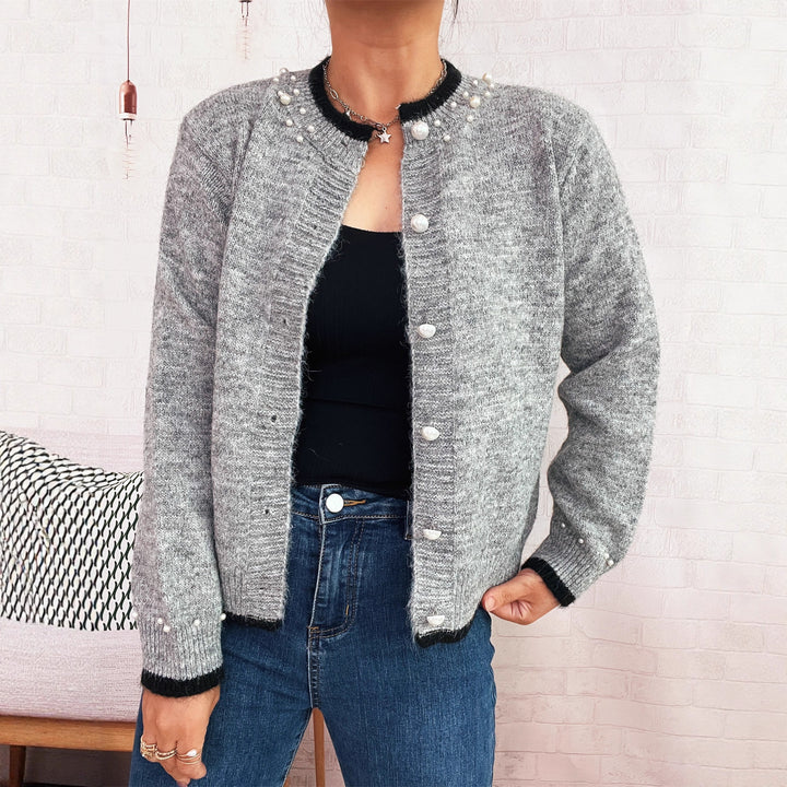 Damen edle Strickjacke mit dekorativen Knopfdetails und Perlenverzierungen Drune