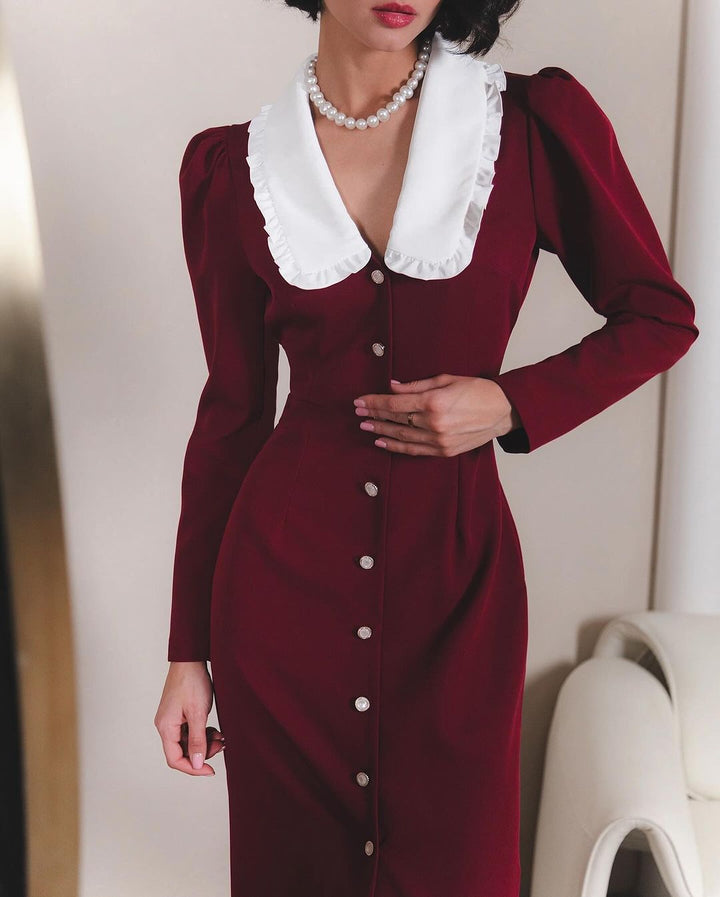 Damen Elegantes Maxikleid mit kontrastierendem Kragen und Knopfdetails Drune