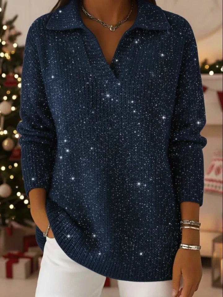Damen schimmernder Strickpullover mit modernem Kragen Drune