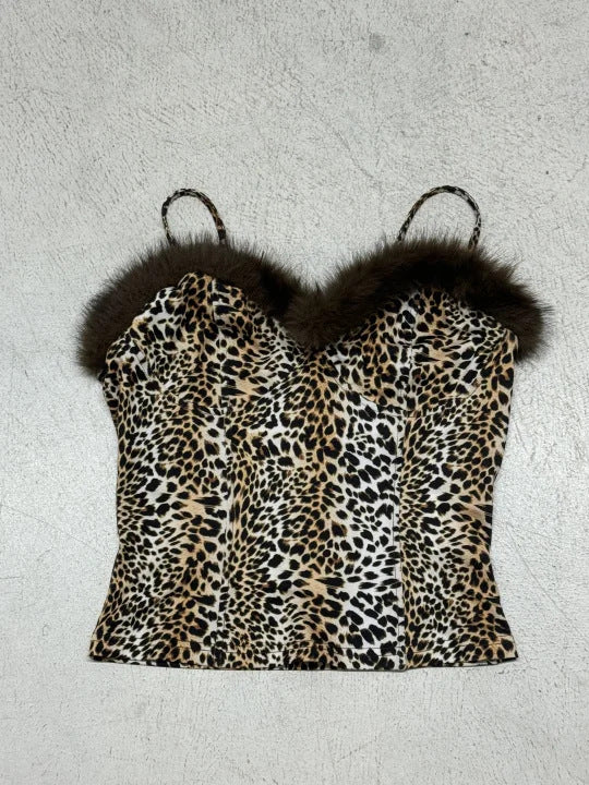Damen Top mit Leopardenmuster und elegantem Fellbesatz Drune