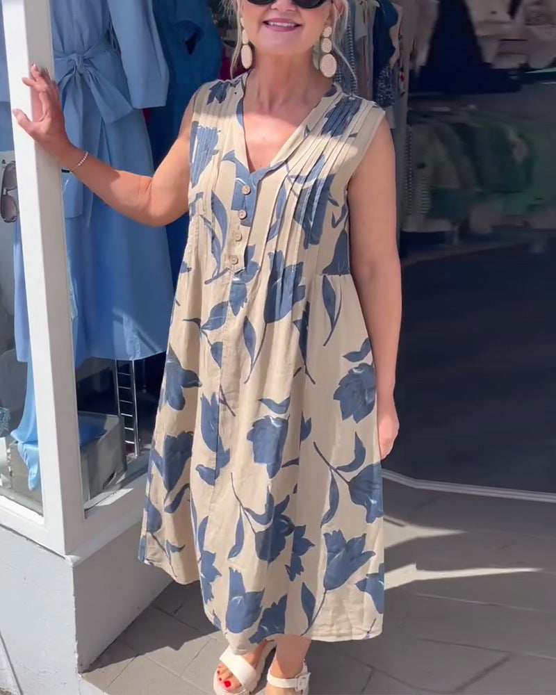 Damen nan lässiges V-Ausschnitt-Midikleid mit Brustpasse, senkrechten Falten und dekorativer Knopfleiste Drune