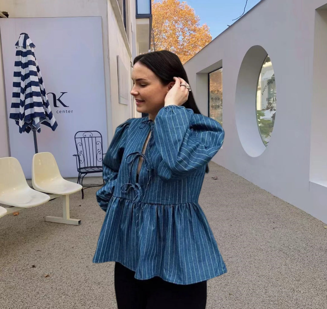 Damen gestreifte Bluse mit voluminösen Puffärmeln und tailliertem Schnitt Drune