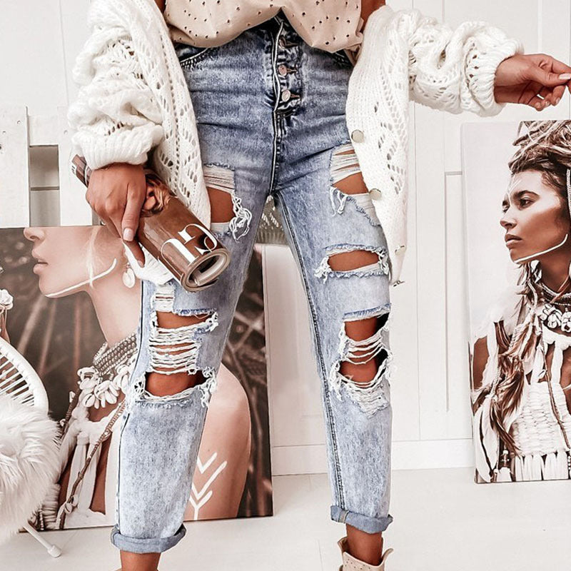 Damen Destroyed Jeans im lässigen Boyfriend-Schnitt mit hohem Bund und Details Drune