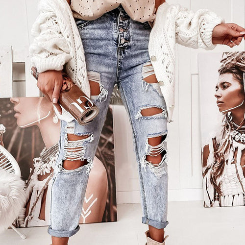 Damen Destroyed Jeans im lässigen Boyfriend-Schnitt mit hohem Bund und Details Drune