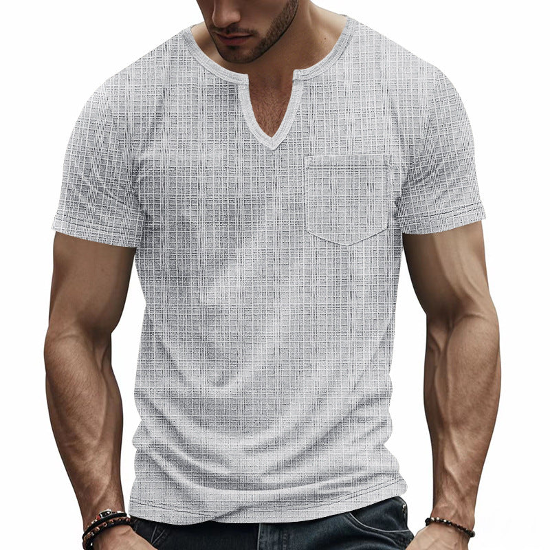 Herren nan Kurzarmshirt mit geschlitztem V-Ausschnitt strukturierter Leinenoptik und aufgesetzter Brusttasche Drune