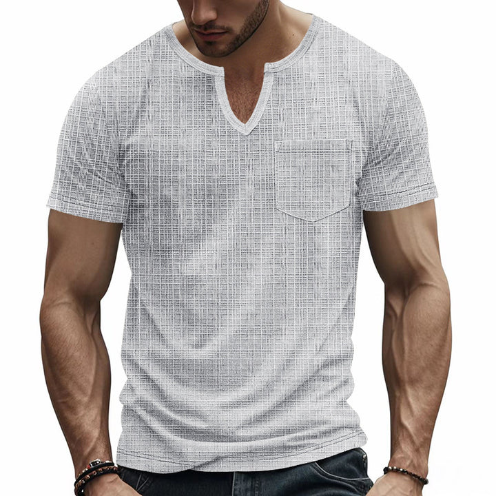 Herren nan Kurzarmshirt mit geschlitztem V-Ausschnitt strukturierter Leinenoptik und aufgesetzter Brusttasche Drune