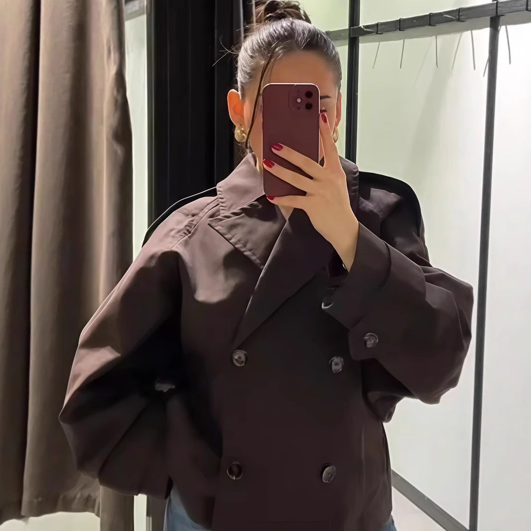 Damen modische Doppelreiher-Jacke mit hohem Kragen und strukturiertem Design Drune
