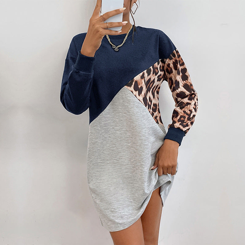 Damen lässiges Sweatkleid mit tierischem Muster und modischem Farbblock-Design Drune