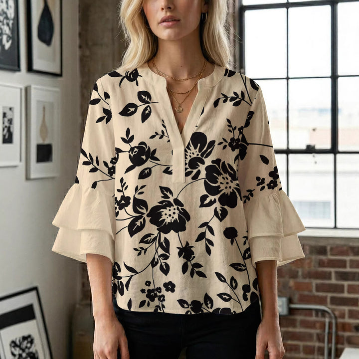 Damen lässige Bluse mit Volantärmeln und botanischem Druck Drune