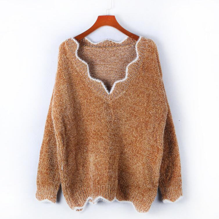 Damen kuscheliger Strickpullover mit tiefem V-Ausschnitt und gewellten Abschlüssen Drune