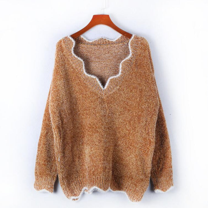 Damen weicher Strickpulli mit V-Ausschnitt und welligem Saum Drune