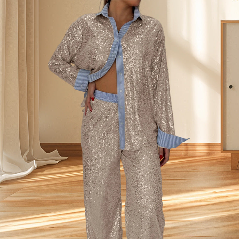 Damen Glitzerndes Pyjama-Set aus hochwertigem Material mit Schalkragen und eleganten Akzenten Drune
