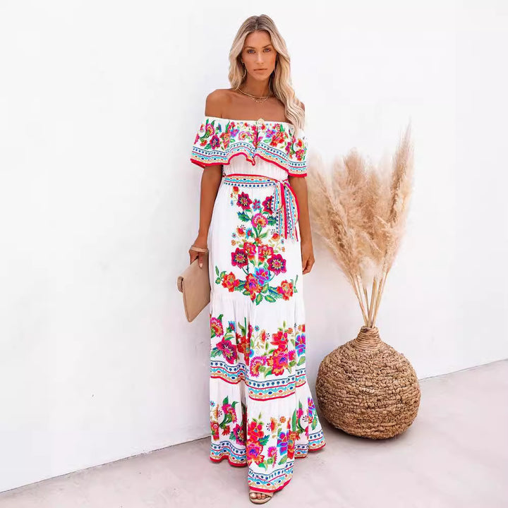 Damen Off-Shoulder Sommerkleid mit floralem Volant Drune