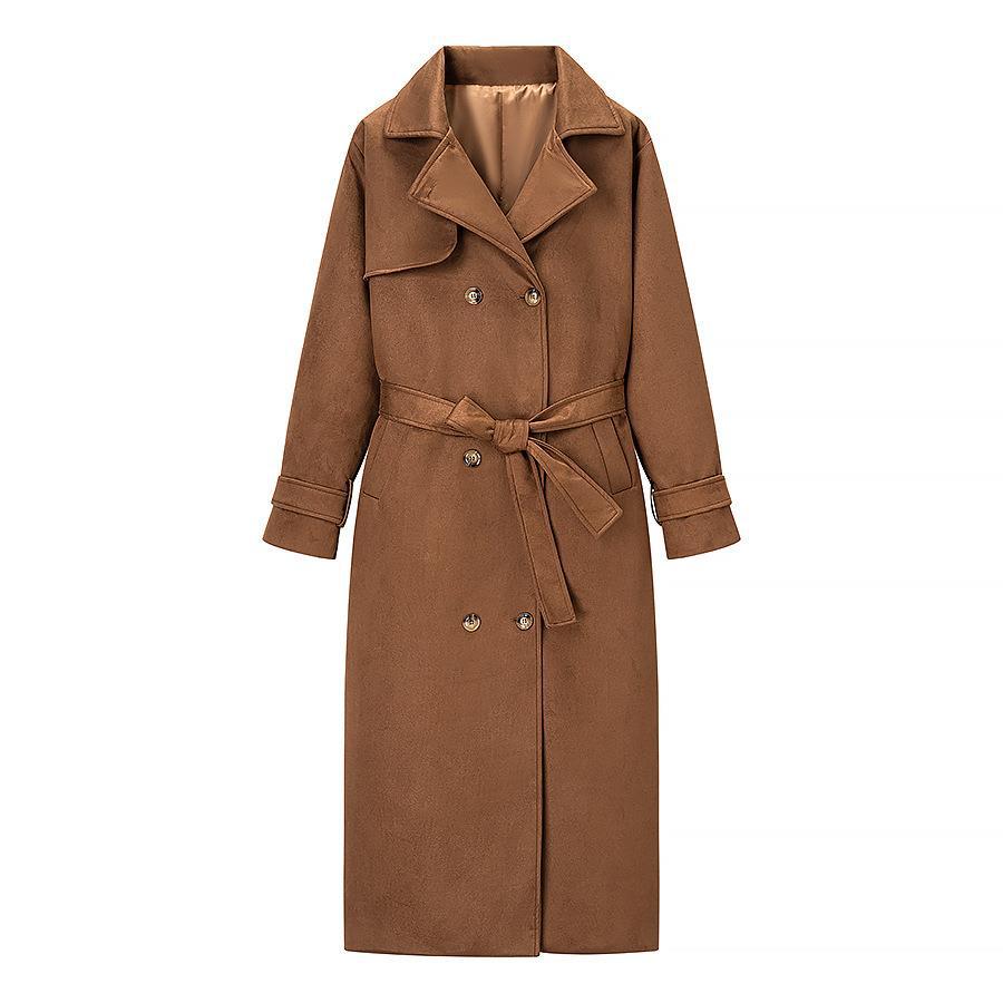 Damen Tragbare Wildleder-Trenchcoat mit Gürtel und großen Taschen Drune