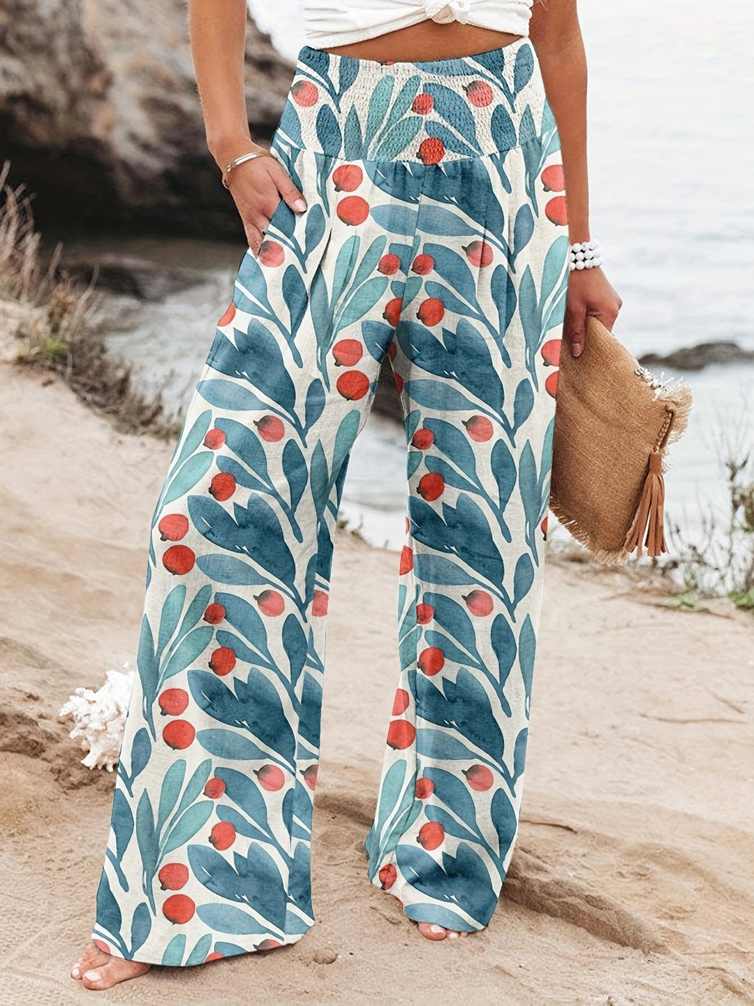 Damen Palazzo-Hosen mit floralem Druck und elastischem Bauchbund Drune