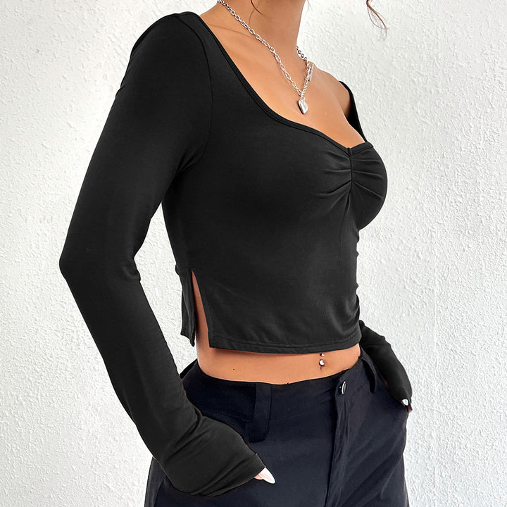 Damen elegantes langärmliges Crop-Top mit schickem Raffungseffekt Drune