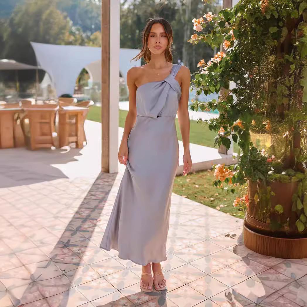 Damen Elegantes Langes Kleid mit asymmetrischem Träger und stilvollem Drapierungsdetail Drune