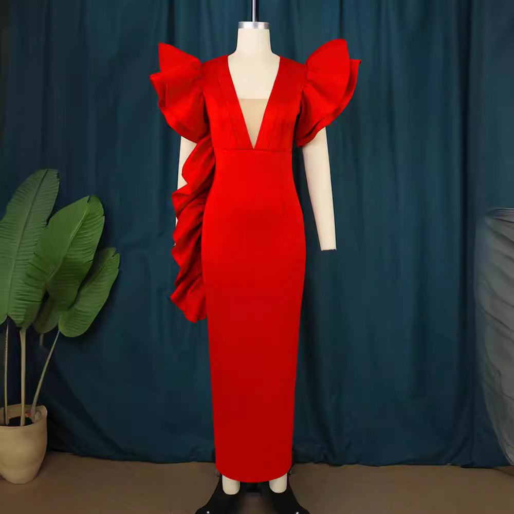 Damen figurumspielendes Abendkleid mit voluminösen Rüschenärmeln Drune