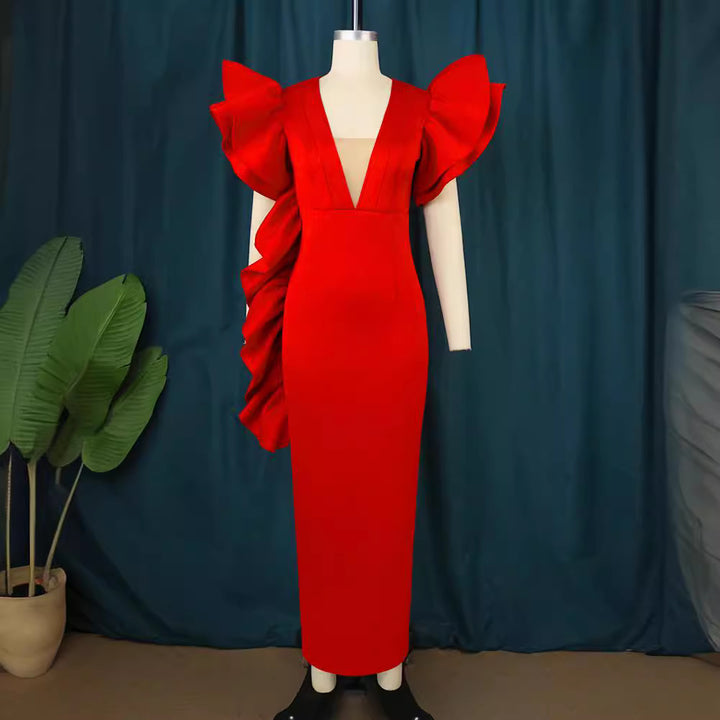 Damen figurumspielendes Abendkleid mit voluminösen Rüschenärmeln Drune