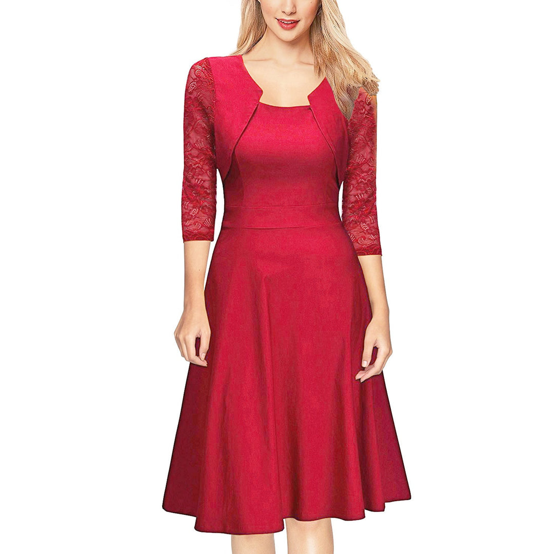 Damen Midi-Kleid mit Spitzenärmeln und schwingendem Rock Drune