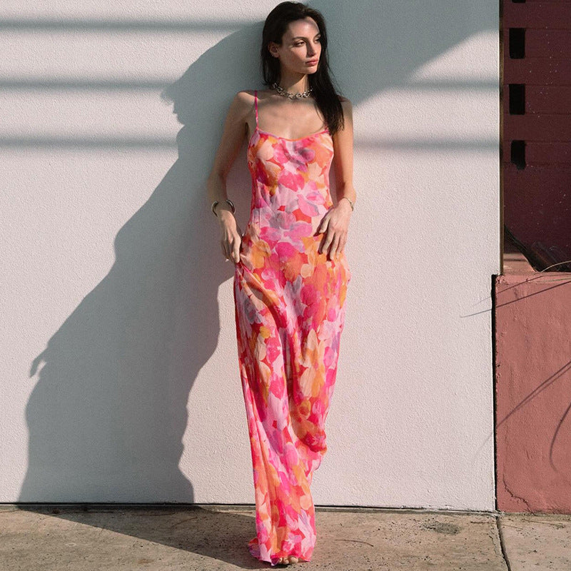 Damen Maxikleid mit floralem Muster und schmalen Spaghetti-Trägern Drune