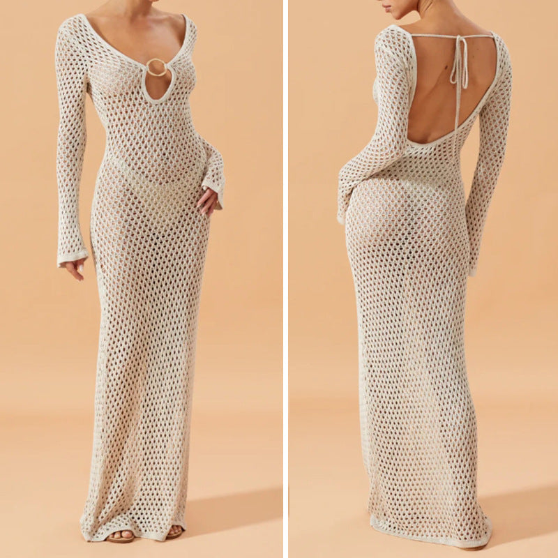 Damen Netzkleid mit tiefem V-Ausschnitt und modischem Ringdetails Drune