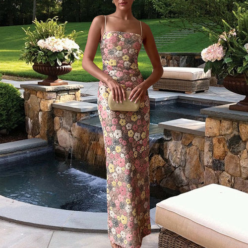 Damen Maxikleid mit floraler Spitze und schmalen Trägern Drune