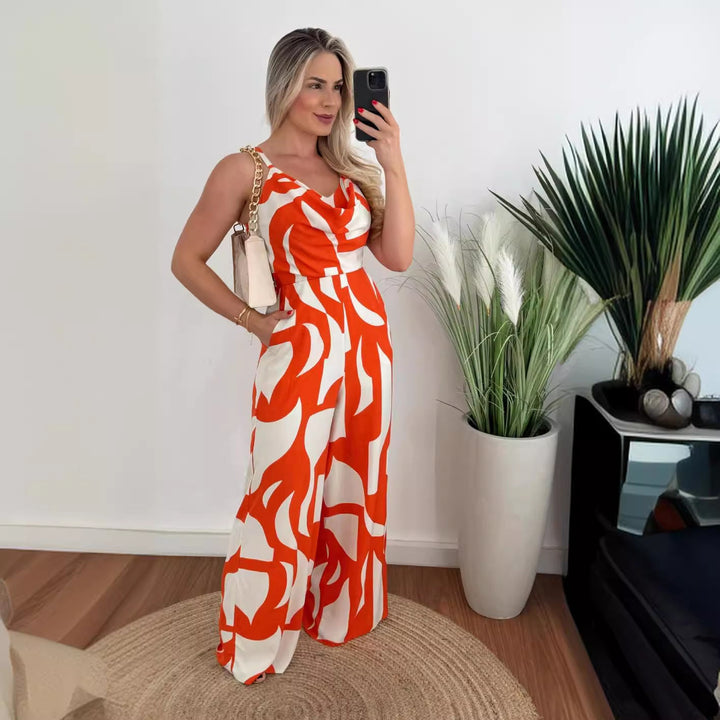 Damen Jumpsuit mit elegantem Wasserfall-Ausschnitt und weitem Bein Drune