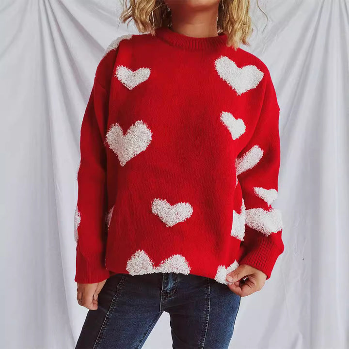 Damen Pullover mit Herzmuster und flauschigen Applikationen Drune